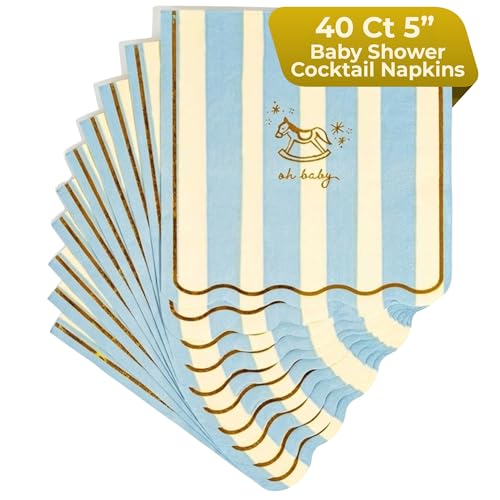 Baby Shower Scalloped Blue/White Stripe Cocktail Napkins 5inch 40pcs