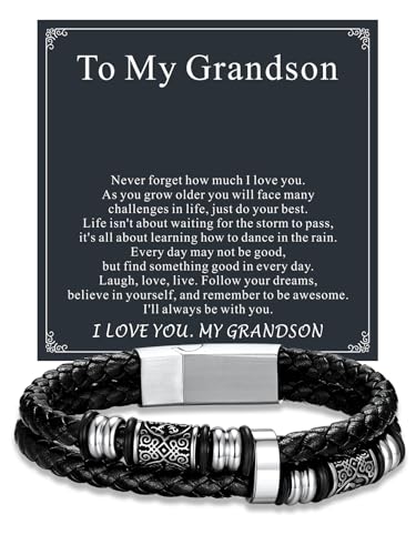 U7 Black Mens Bracelets Gifts to Grandson Leather Bracelets Stainless Steel Cuff Celtic Knot Beads Gifts for Christmas Anniversary, 9Inches