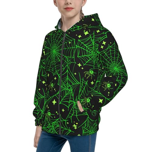 Green Bright Web with Spiders Kid Hoodies Boys Zip Up Sweatshirts Girls Pullover with Pocket