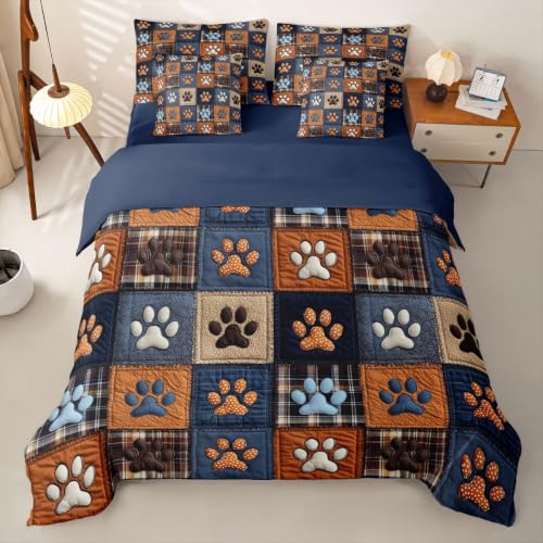 Loussiesd Juego de funda de edredón con diseño de huellas de perro, tamaño King, 7 piezas, lindo juego de ropa de cama para niños y niñas, a cuadros, en una bolsa, con funda de edredón, sábanas