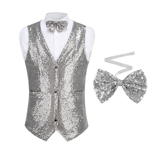 GRAJTCIN Mens Sequin Vest V-Neck Prom Vest Jacket Shiny Party Dress Suit Waistcoat Bowtie Set