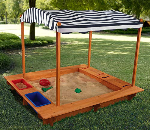 image for KidKraft Outdoor Covered Wooden Sandbox with Bins and Striped Canvas C