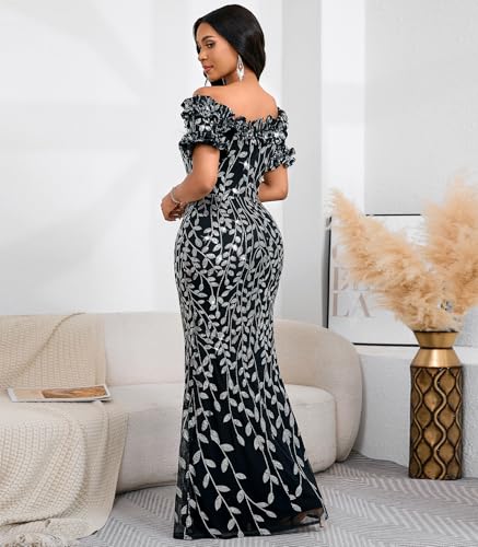 Image of dasmzper Women Sexy Sequin Off Shoulder Ruffle Short Sleeve Bodycon Mermaid Party Formal Evening Maxi Dress