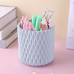 Porta Pincéis e Canetas Giratório 360° com Tampa | Organizador de Maquiagem e Escritório 5 Compartimentos | Material PP Resistente (Azul)