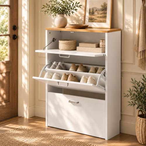 VINGLI Shoe Cabinet Storage for Entryway,White Small Narrow Shoe Rack,25' W