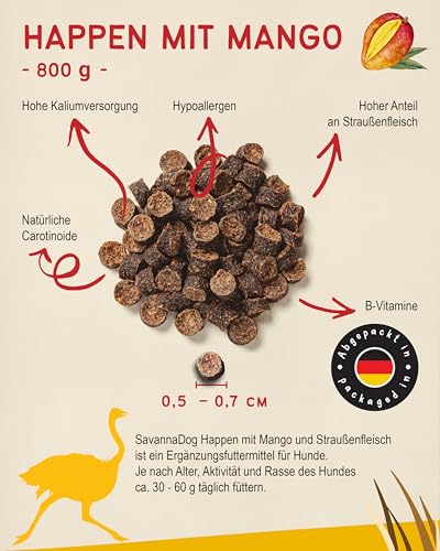 SavannaDog Happen mit Mango 800g - Hunde Leckerlis getreidefrei & hypoallergen, Leckereien für Hunde mit Straußenfleisch, Hundeleckerli mit wertvollen Ballaststoffen