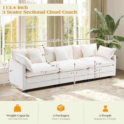 Image of 113.4 inch Modular Sectional Sofa,Cloud Couch for Living Room, Modern Deep Seat Sofa 3 Seater Chenille Fabric Comfy Couches with Throw Pillows for Apartment