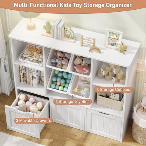 Image of Toy Storage Organizer with 4 Toy Bins, Toy Organizer Kids Bookshelf with 3 Movable Drawers and 4 Open Cubbies, Toy Bins for Kids Organizer Playroom Storage for Living Room with Hidden Wheels, White
