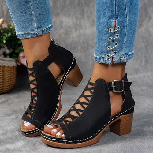 Summer Sandals for Women 2025 Summer Dressy Fashion Open Toe Sandals Chunky Heels Adjustable Straps Ankle Strap Zipper Back High Heel Sandal2