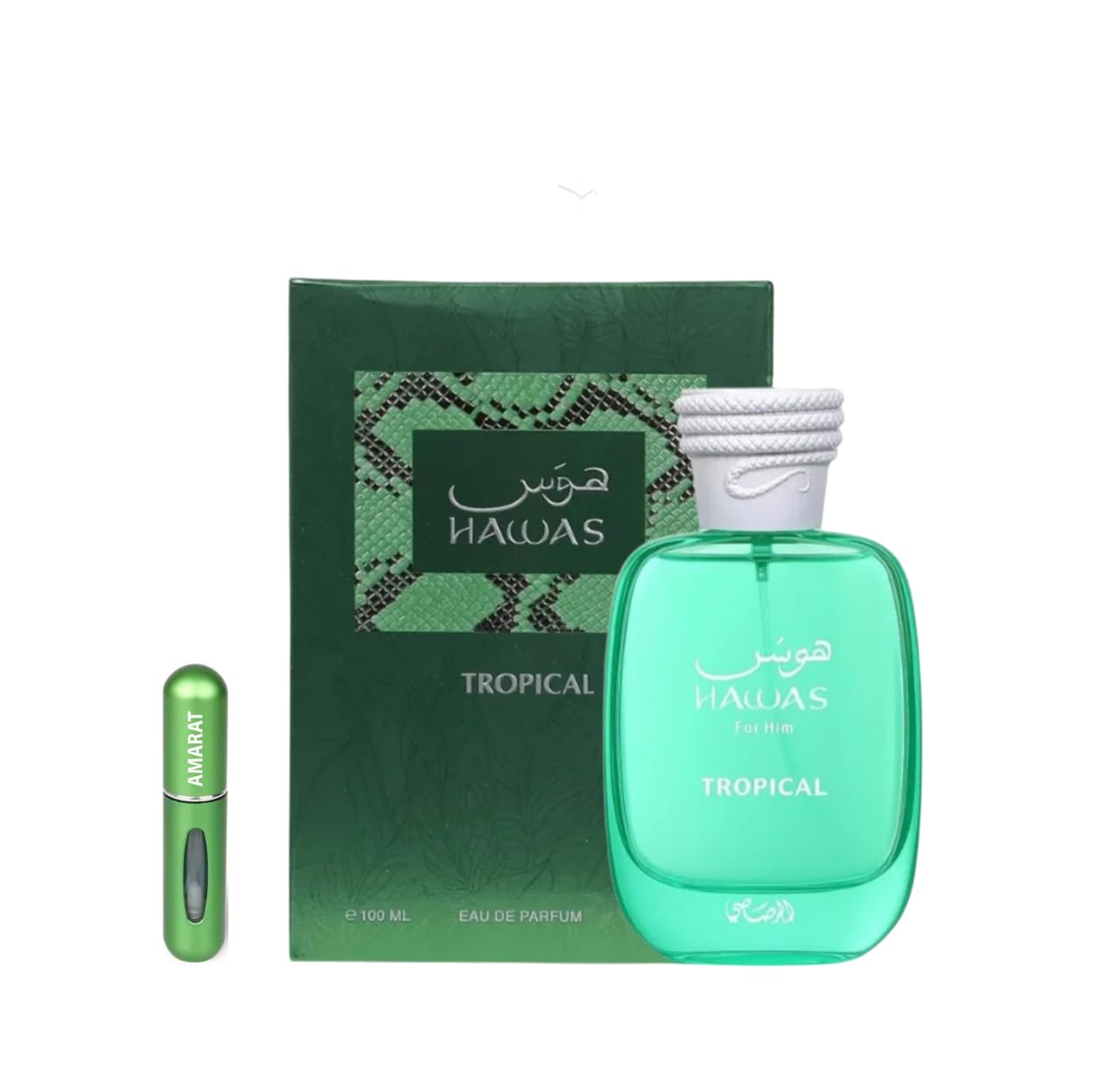 Rasasi Hawas Tropical Eau de Parfum 100ml, Perfume Árabe para Hombre de Larga Duración, Incluye Atomizador Recargable, Fragancia con Notas de Agua de Coco, Higuera, Menta y Haba Tonka (Hawas Tropical)