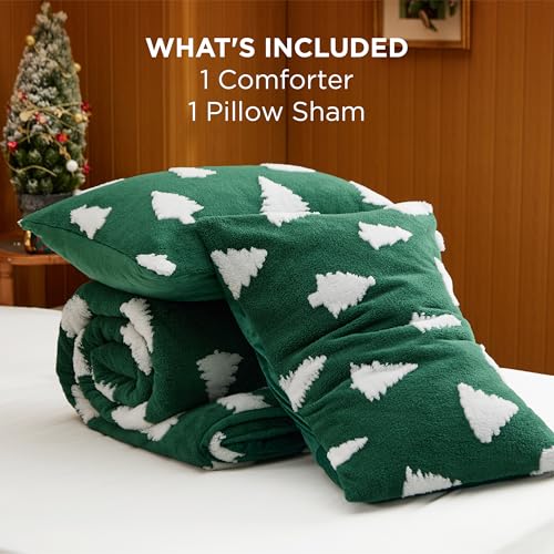 Image of Bedsure Fluffy Christmas Comforter Set Twin - Green Bedding with Christmas Tree, Warm Flannel Fleece Bed Sets for Winter, 2 Pieces, 1 Soft Plush Shaggy Comforter with 1 Pillowcase | Bed in a Bag, Comforters, Bedroom, Winter Warm Flannel Fleece Bedding with Christmas Tree, Soft Plush Shaggy Set, Easy Care