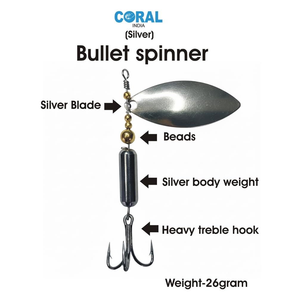 Coral India Silver Bullet Spinner 26g - High-Stability Sinking Lure for Fast Flowing Rivers and Deep Streams 3