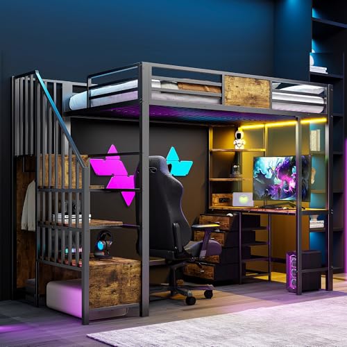 YuQozii Cama alta 90 x 200 de metal con escritorio, estantes de almacenamiento, barra para colgar, iluminación LED y enchufe. La litera multifuncional es ideal para oficinas, estudios y habitaciones