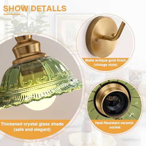 Image of Redluck Glass Battery Operated Wireless Wall sconces Set of Two with Remote | Vintage Green Glass, Rechargeable, Easy Installation, 12 Colors Wireless Wall Lamp for Bedroom Living Room Hallway Decor