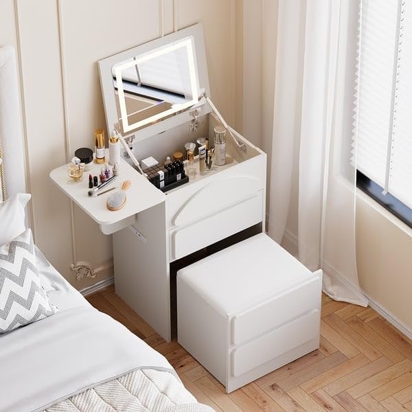 NG Decor Modern White Mini Makeup Vanity Set with Charging Station Dresser with Mirror & Stool-picture-18