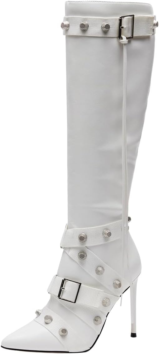FSJ Women Sexy Knee High Boots Pointed Toe Rivets Strappy Tassels Stiletto High Heel Side Zipper Fashion Stripper Party Dressy Shoes Size 4-16 US