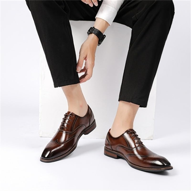 Men's British Retro Brogue Business Formal Shoes Pointed Toe Lace-up Comfortable Fashion Embossing Suits Casual Shoes Slip Resistant Rubber Soft Sole Oxford Shoes for Men(D,10)3