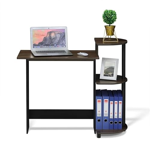Furinno Compact Computer Desk With Shelves, Round Side, Columbia Walnut/Black #TOP5
