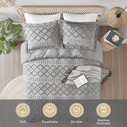 Codi Twyla Tufted Boho Duvet Cover Full/Queen Size, Grey Microfiber Bedding Set For All Seasons, Embroidery Shabby Chic Comforter Covers With Zipper, 3-Pieces Including Matching Pillow Shams(90"X 90") #TOP2