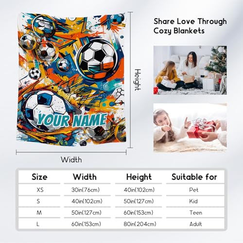 Custom Soccer Blanket, Cozy Soft Throw Gifts for Mens, Cool Colorful Flannel Throw Blankets for Bed Couch, 60x80 Inches