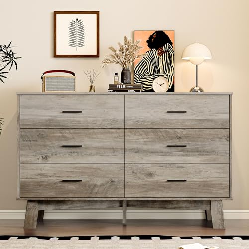 Image of BORNOON Dresser for Bedroom with 6-Drawer, 47.2 inch Modern Chest of Drawers with Metal Handles, X-Shape Base & Adjustable Center Leg, Anti-Tip Closet Organizers and Storage