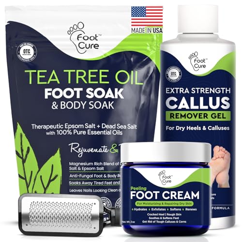 Foot Callus Remover Pedicure Set – Epsom Salt Foot Soak & Callus Remover Gel, Antifungal Cream and Feet Exfoliator for Dead Skin, Pedicure Tools for Feet at Home, Made in USA (4 Piece)