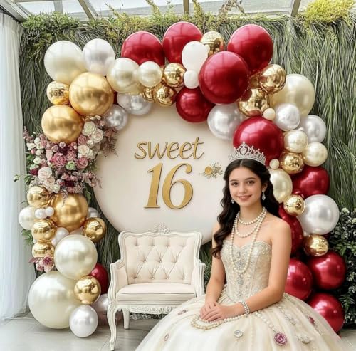 Image of Burgundy Gold Balloons Garland Double Stuffed Pearl White Gold Maroon Wine Red Balloon Arch Kit for Wedding Baby Shower Bridal Birthday Party Decoration