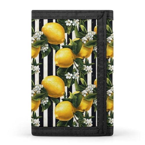 Black White Striped Lemons Print A Wallet for Men, 8 Credit Card Holder Slim Minimalist Front Pocket Small Mens Bifold Wallets