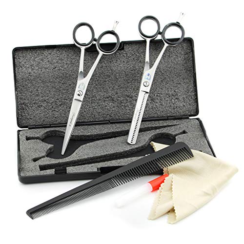Ensemble de ciseaux de coiffeur professionnels de 15,2 cm avec peigne, bouteille d'huile, chiffon et tondeuse à cheveux - Livré dans un étui noir Cover