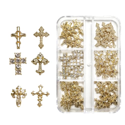 3D Alloy Metal Crystal Cross Nail Charms - 60 Pcs Ideal for Women and Girls DIY Punk Nail Art with Rhinestones Great for Salons & Fashion Events (60 Golden)