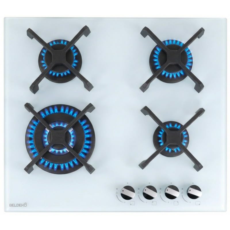 Plaque de cuisson gaz 4 foyers - Verre blanc dépoli - Double couronne 8000 W - 56x48 cm