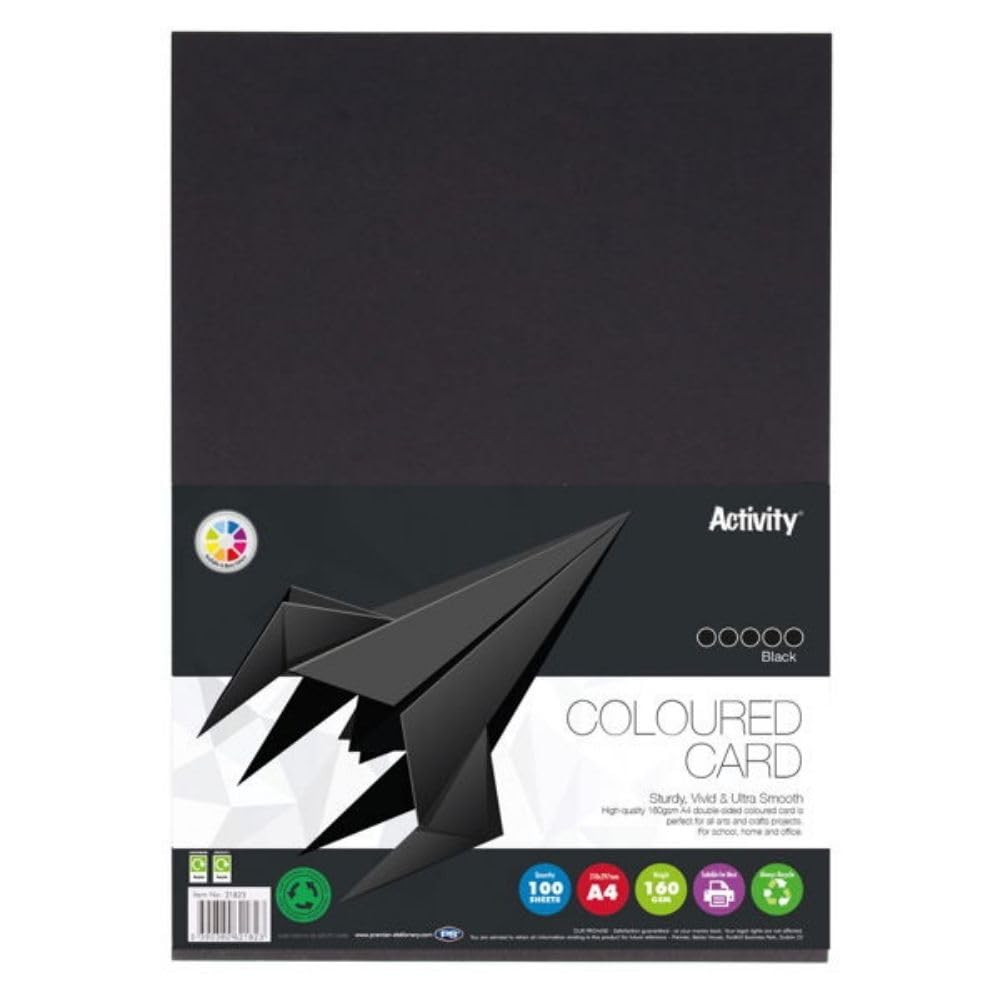 Premier Stationery A4 160gsm Coloured Paper for Art & Craft Activities - Black Card (Pack of 100 Sheets)
