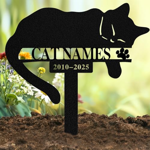 Qodwei Custom Sleeping Cat Grave Marker Outdoor Personalized Metal Cat Memorial Grave Stake with Name and Date Outdoor Waterrproof Cats Memorial Plaque