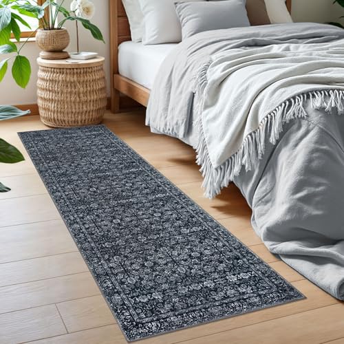 2x6 Black Washable Runner Rug for Hallways, Soft Neutral Vintage Kitchen Rugs with Non-Slip, Non-Shedding Distressed Floral Carpet for Bedroom Porch Laundry Entryway