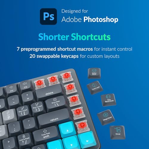 JCPAL Adobe Photoshop Keyboard • Dash Wireless Shortcut Keyboard for Mac and PC • Shortcut Hotkeys, Color-Coded Key Guide, Fully Customizable, Compact Low-Profile Design