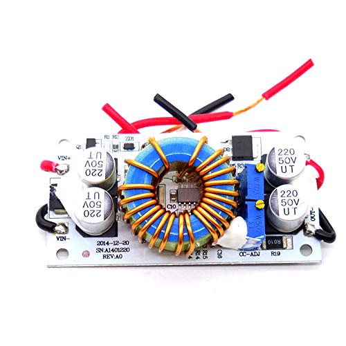 Angled view of the TENSTAR Robot DC-DC Boost Converter module, showing the input and output wiring, potentiometers for adjustment, and component layout.
