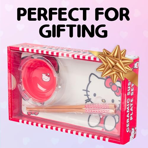 Image of Silver Buffalo Sanrio Hello Kitty Red and White Bow Ceramic Sushi Set with Dipping Sauce Dish and Matching Chopsticks
