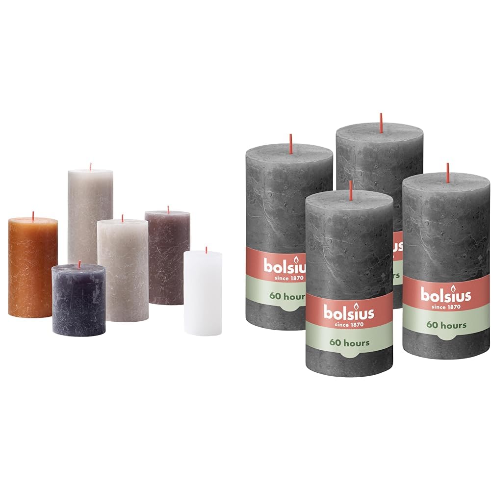 Bundle of Bolsius - Juego de regalo de velas rústicas - New Neutrals - caja de 6 velas - largo tiempo de combustión + Bolsius Vela rústica - Antracita - 13 x 7 cm - 4 unidades
