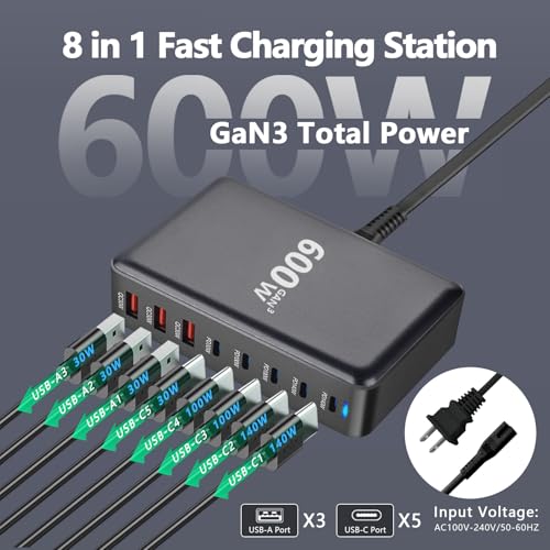 140W PD3.1 GaN3 Charging Station 600W Total Power,8-Port USB-C Fast Charger for MacBook/iPhone/Samsung,Ultra-Compact Desktop Charger with Stand & Travel Pouch,5xType-C+3xUSB Ports for Home/Dorm/Office