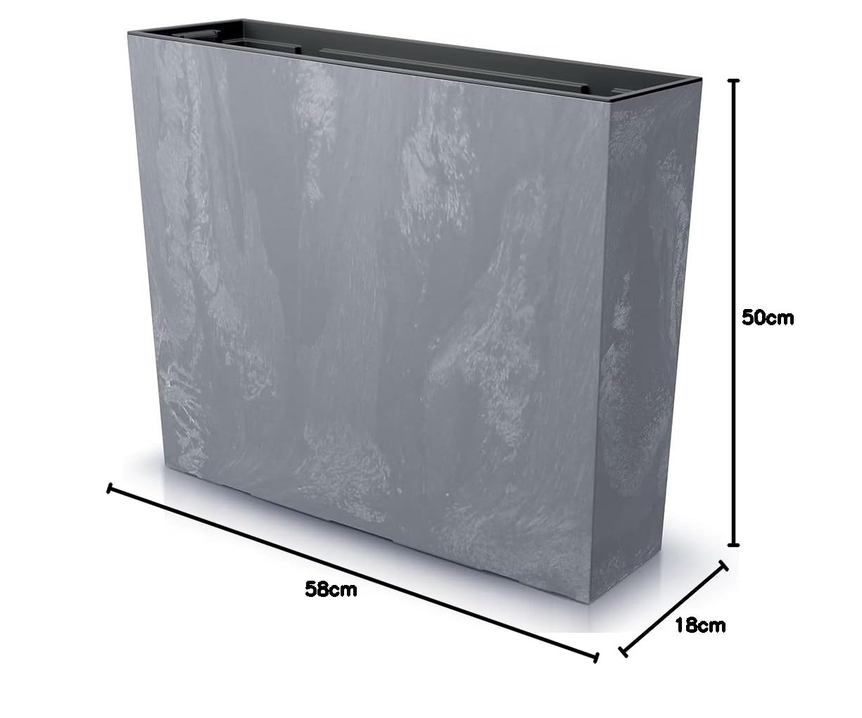 Vaso per fiori con vaso interno Portavaso Fioriera da balcone stile trapezio con inserto 58 x 18 x 50 cm, colore: antazite grigio scuro nero liscio brillante, interno esterno, rettangolare, plastica