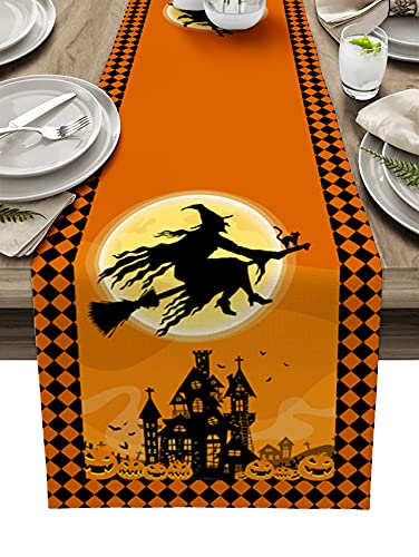 Halloween Flying Witch Cotten Linen Table Runner 13X90Inch, Haunted House Non-Slip Burlap Table Cloth Runners For Family Dinner, Wedding, Banquet, Party, Creepy Movie Night Decorations, Full Moon #TOP2