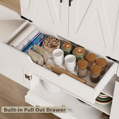 IRONCK Kitchen Pantry Cabinet 72" H, with 9 Shelves, 4 Barn Doors, Drawer, 6 Door Storage Shelves, Farmhouse Freestanding Rustic Wood Cupboard for Kitchen Dining Room White - Image 5