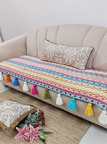 Image of Rainbow Aztech Tassel Sofa Cover:Luxurious Sofa Protector:Heavy Weight Performance Fabric, AntiSlip, Scratch Resistant:Seat & Front Back Protection -Set of 3 Covers- 5 Seater (2+2+1 Seater)