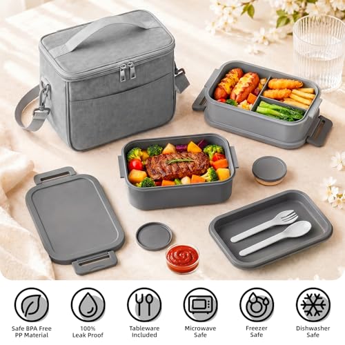 Bento Box adults Lunch Box - 2130ml Lunch Box Containers with Insulated Lunch Bag, Utensils & Sauce Container, Leak Proof Bento Box for Men Women, Reusable Plastic Lunchbox for Work, Meal Prep, Grey — view 2