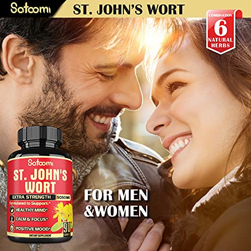 Organic St. John's Wort Extract Capsules - 6 Herbs Equivalent 5050 Mg - Emotional Balance, Joyful Mood & Stress Response Support - 1 Pack 90 Veggie Caps 3-Month Supply #TOP5