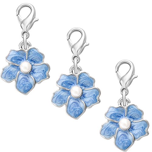 SENFAI Forget Me Not Charms Black Lava Rock Charming Elastic Bracelet Hand Accessory (3 pcs pack Silver)