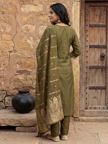 Image of INDO ERA Women's Viscose Self Design Straight Kurta with Pant & Dupatta Set