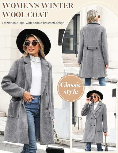 Yuson Girl Wintermantel Damen Langer Wollmantel Herbst Winter Klassischem Revers Coat Warmer Übergangsmantel Elegant Kurzmantel Einfarbig Jacke Outwear mit Doppelreihigen Knöpfen(Grau, M)