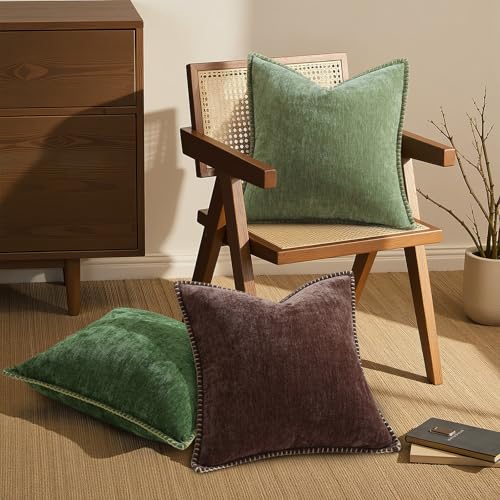 Image of decorUhome Fall Chenille Soft Cozy Throw Pillow Covers 18x18 Set of 2, Modern Farmhouse Boho Velvet Decorative Pillow Cases with Stitched Edge for Couch Sofa Bed Home Decor, Chocolate