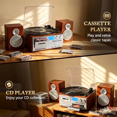 Image of Record Player with Two Full-Range External Speakers 10 in 1 Vintage Turntable CD Cassette Tape Player AM FM Radio 3 Speed BT Input & Output LP Players Support USB SD AUX RCA Auto Stop Retro Red Brown